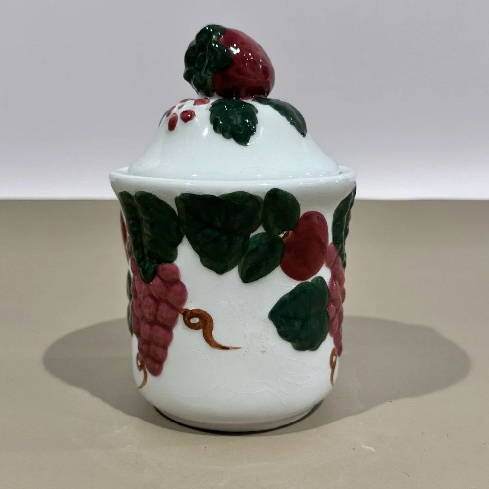 Vintage GHA‎ Small Kitchen Canister W Lid & Seal Grapes Strawberries Pattern